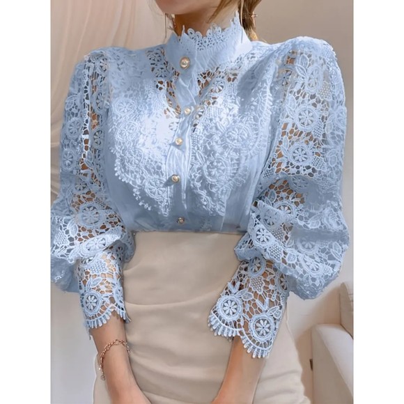 Blouse Lace Puff Sleeve Lantern Sleeve Solid Pleated  Sky Blue / XXL(14) - Picture 1 of 5